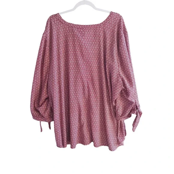 CATHERINES Button Up Blouse Womens 4X Red Geometric Georgette Tie 3/4 Sleeve - Picture 2 of 13
